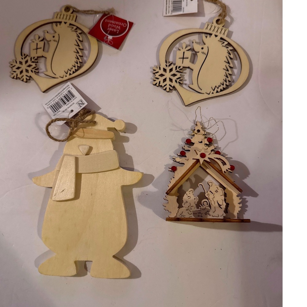 Wood Ornament Set Natural New Laser Cut Nativity Animal 4pc
